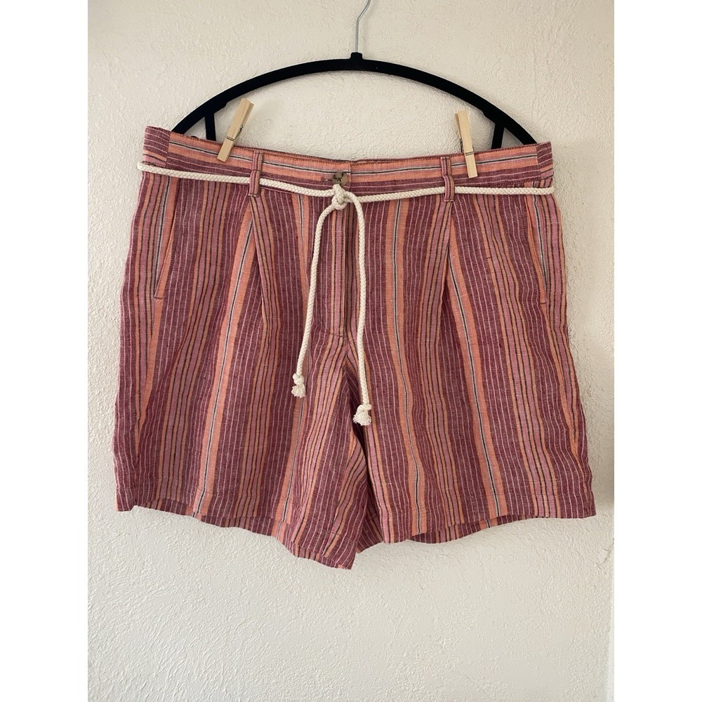 J Jill 100% Linen Stripe Pleated Shorts with Rope Belt Size 14 Great Condition